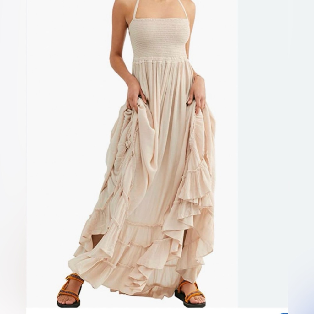 Smocked Halter Maxi Dress in Soft Beige